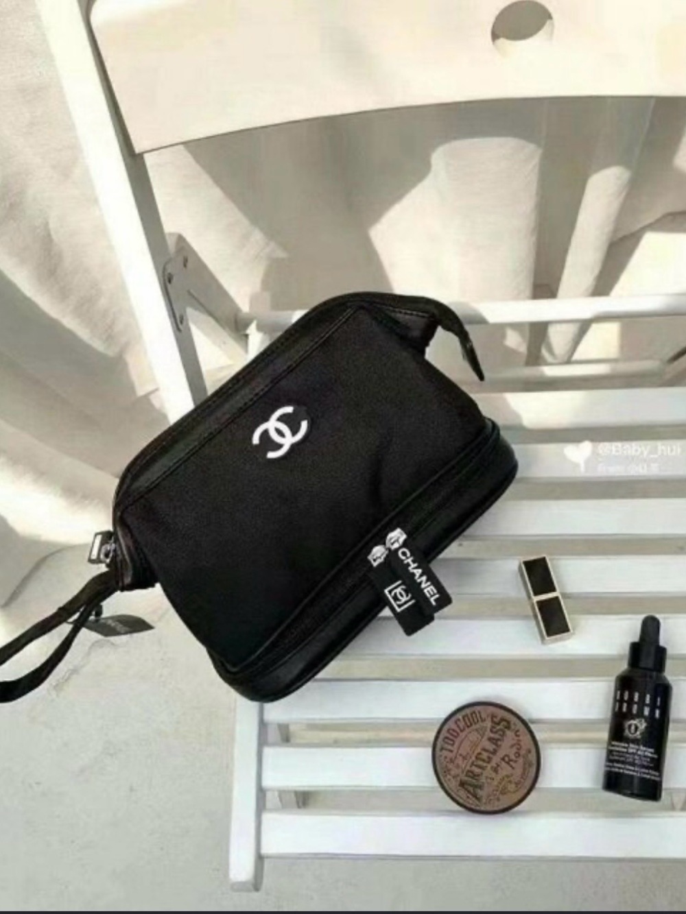 Black Nylon Cosmetic Bag with CC Logo